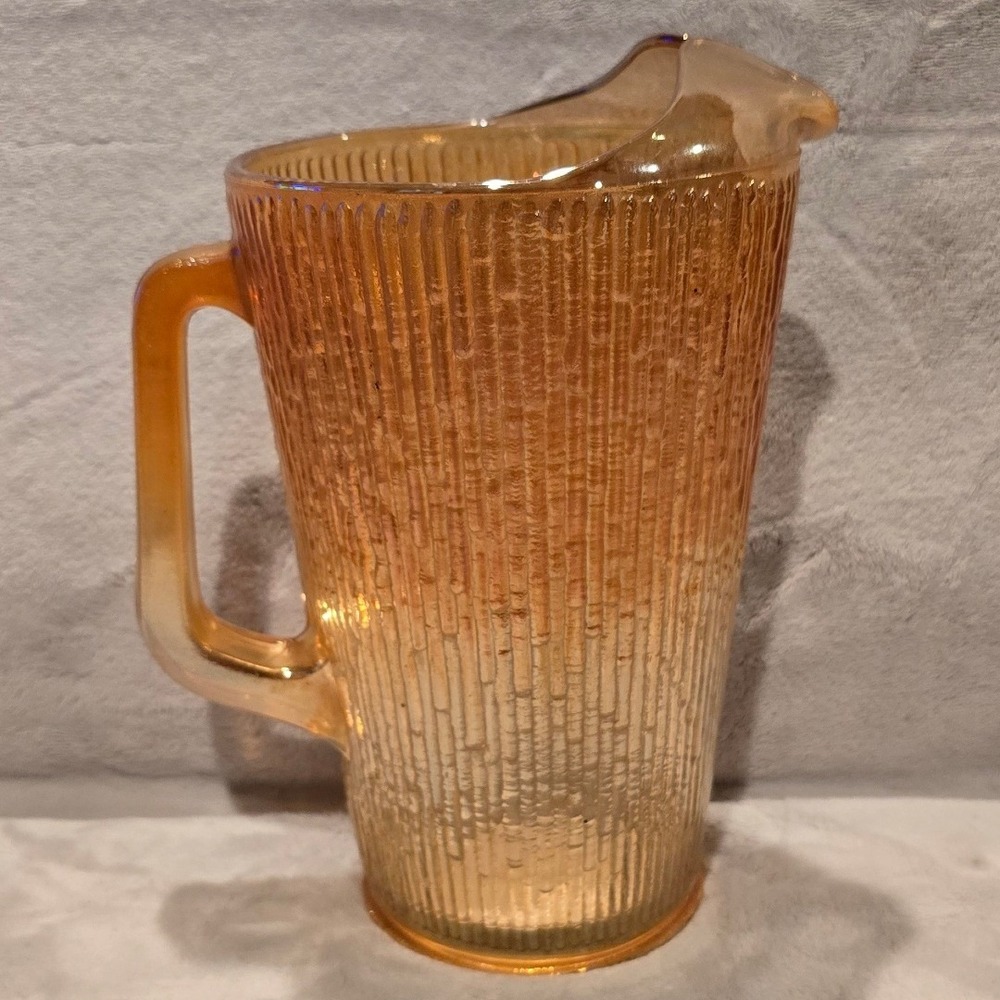 Vintage Jeanette Carnival Glass Tree Bark Pattern Iridescent Marigold Pitcher